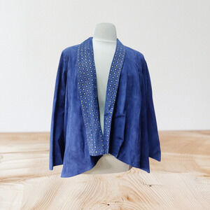 IMAN genuine soft blue leather shell jacket w/ blue suede & gold floral design